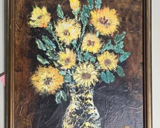 Painting on board sunflower in vase art
