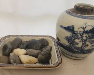 Blue and white jar and trinket dish

