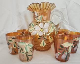Fenton Hand Painted Carnival Glass Pitcher & Cups

