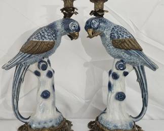 Pair Castilian Porcelain Large Parrot candlesticks
