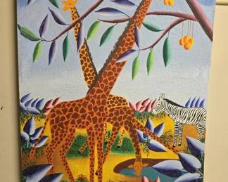 Signed L Athias Painting of Giraffes on Canvas
