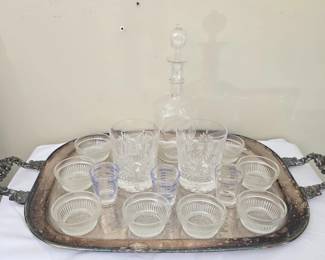 Silverplated Tray Glass Decanter & Glass Cups
