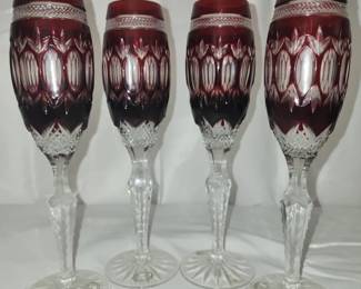 Lot of 4 Cranberry Cut to Clear Wine Flutes
