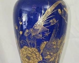 Decorative Blue & Gold Pheasant & Floral Vase
