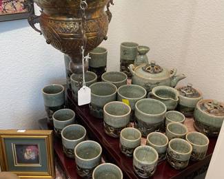 Rosewood Ornate Carvings Marble Top Nesting Tables Two Sets of Four Each