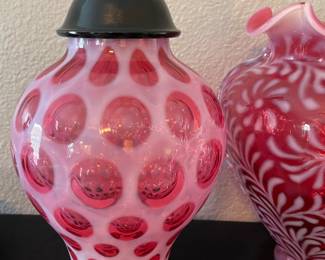 Fenton Cranberry Opalescent Daisy & Fern Ruffle Top Vase, Fenton Cranberry Coin Dot Covered Jar with Base & Lid (see a honeycomb within)