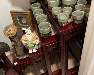 Rosewood Ornate Carvings Marble Top Nesting Tables Two Sets of Four Each