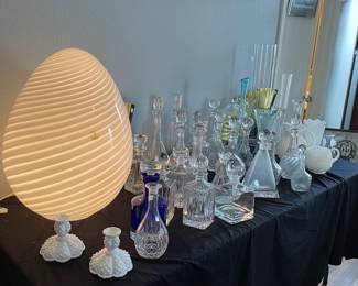 Murano Egg Lamp, Assorted Crystal Decanters, Fenton Hobnail Candlesticks, Assorted Fenton Pieces