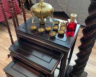 Mahogany Nesting Tables One Set, Brass Tea Pot with Cups