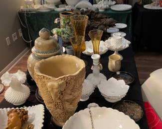 Large Vintage Carved Vase or Urn with Elephant Handles, Assorted Fenton Hobnail Milk Glass 