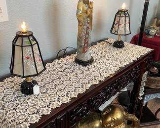 Rosewood Ornate Carvings Altar/Entrance Table, Linked  Lamps, Ornate Figurine