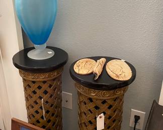 Lattice Plant Stands, Fossil Type Art, Oil on Canvas Winter Scene, Blue Fenton Vase