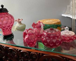 Fenton Cranberry Coin Dot Covered Jar with Base & Lid (see a honeycomb within)