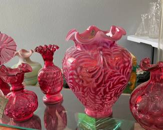 Fenton Cranberry Opalescent Daisy & Fern Ruffle Top Vase