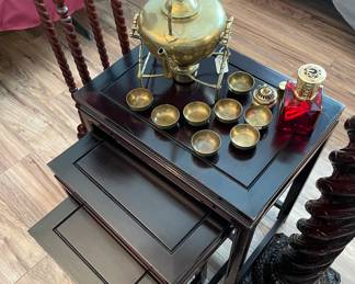 Mahogany Nesting Tables One Set, Brass Tea Pot with Cups