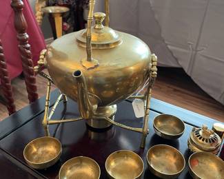 Mahogany Nesting Tables One Set, Brass Tea Pot with Cups