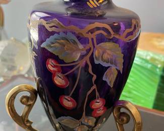 Fenton Rare 90's Art Glass Connoisseur Royal Purple Hand Painted Vase on Stand
