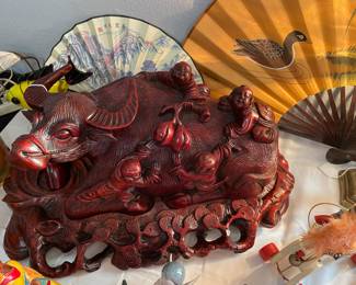 Vintage Carved Wood Water Buffalo Lil Asian Ridders