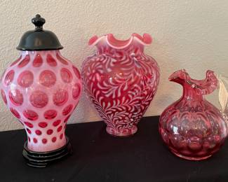 Fenton Cranberry Opalescent Daisy & Fern Ruffle Top Vase, Fenton Cranberry Coin Dot Covered Jar with Base & Lid (see a honeycomb within)