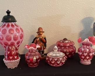 Fenton Cranberry Coin Dot Covered Jar with Base & Lid (see a honeycomb within)