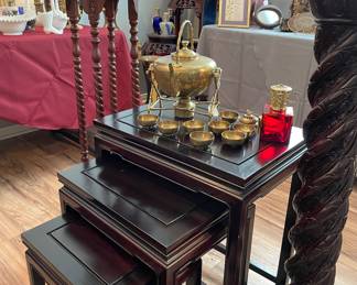 Mahogany Nesting Tables One Set, Brass Tea Pot with Cups