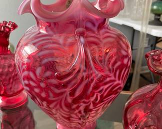 Fenton Cranberry Opalescent Daisy & Fern Ruffle Top Vase