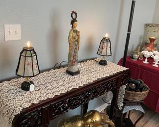Rosewood Ornate Carvings Altar/Entrance Table, Linked  Lamps, Ornate Figurine