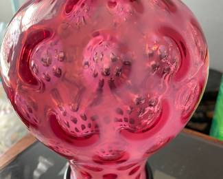 Fenton Cranberry Coin Dot Covered Jar with Base & Lid (see a honeycomb within)