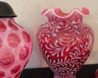 Fenton Cranberry Opalescent Daisy & Fern Ruffle Top Vase, Fenton Cranberry Coin Dot Covered Jar with Base & Lid (see a honeycomb within)