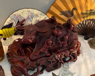 Vintage Carved Wood Water Buffalo Lil Asian Ridders
