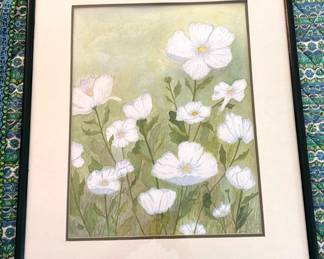 Framed White Poppies Watercolor Circa 1989 