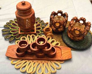 Items Made Of Wood Candle Holders, Napkin Rings, Tray  Lidded Jar 