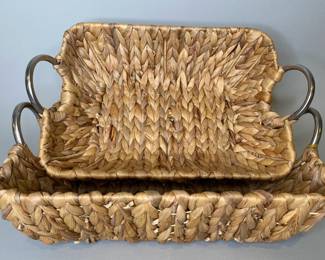 Two Nesting Woven Handled Rattan Baskets
