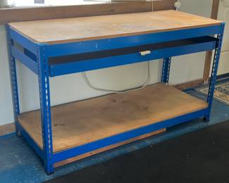 Heavy Duty Garage Work Bench With Blue Metal Frame And Wood Top
