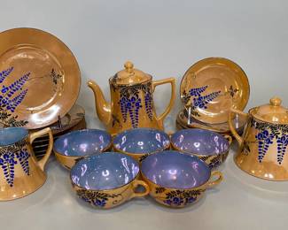 19 Piece Vintage RS Japan Hand Painted Floral Decorated Lusterware Demitasse Set, Circa 1950
