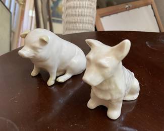 Belleek pig & dog figurines 