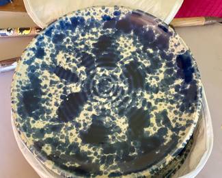 Over & Back blue & white sponge ware dinner plates 
