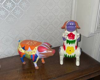Folk art wooden pig & dog 