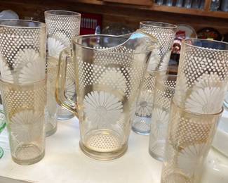 RARE MCM Jeanette Glass gold iridescent "Daisy & Dots" pitcher and 10 - 10oz tumblers. Sold as a set,