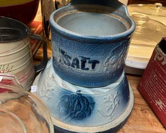 Old slat glaze pottery bowl and salt box
