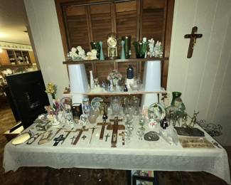 Another table full of vintage glassware and misc.