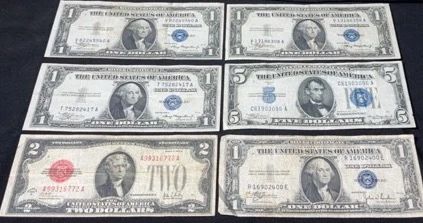 1928-1935 $1, $2 & $5 Dollar Red & Blue Seal Silver Certificates
