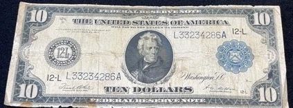 1914 United States $10 Dollar Blue Seal Federal Reserve Note
