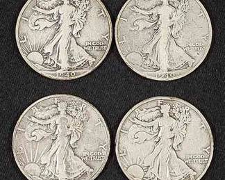 1940 (2) & 1947 (2) US Walking Liberty Half Dollar Silver Coins
