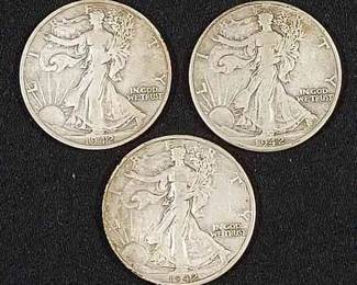 (3) 1942 US Walking Liberty Half Dollar Silver Coins
