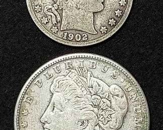 1902 US Half Dollar Barber (VG) & 1921 Morgan Dollar (VG)
