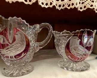 Cranberry Glass and Crystals Birds Small Pitcher