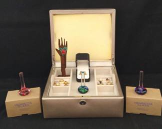 Rings, Jewelry Box And Glass Ring Holders 