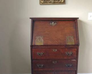 Antique Secretary Desk W Ornate Framed Art