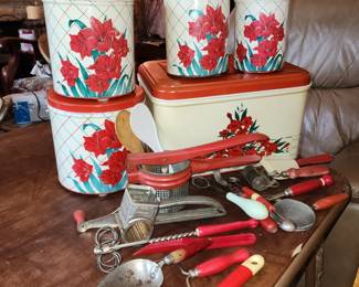 Vintage NC bread box, canisters and utensils